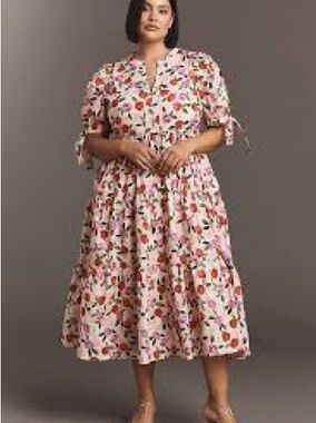 English Factory Pink Floral Midi Dress with Tie Sleeves and Tiered Skirt